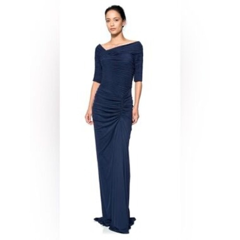 Tadashi Shoji Pleated Mermaid Short Sleeve Navy Maxi Dress Gown Women's Size XL